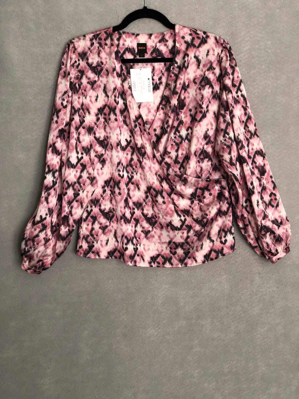 Boss Long Sleeve Faux Wrap Top V-Neck Abstract Print Women's Medium